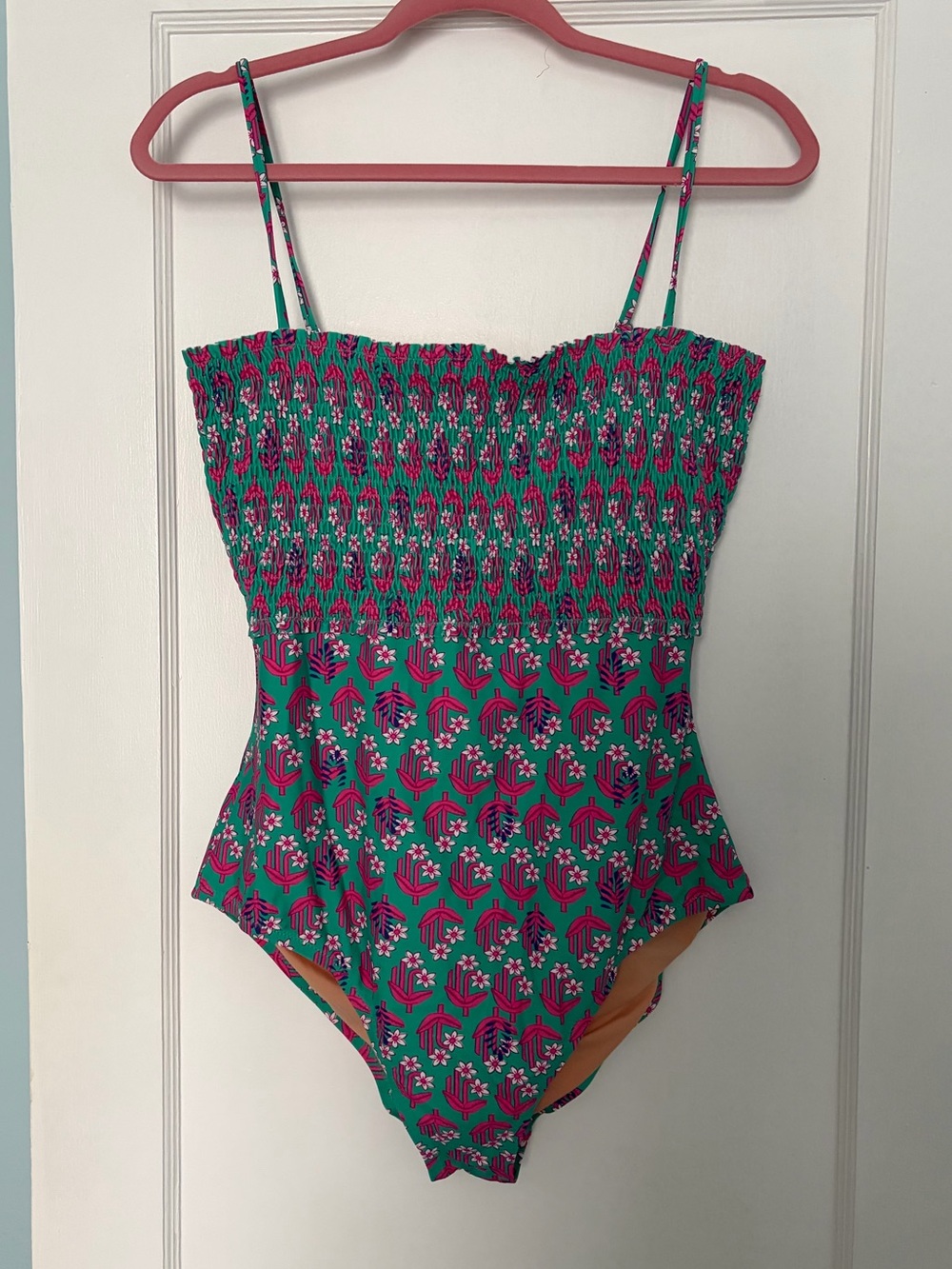 J. Crew Green & Pink Floral Smocked One-Piece